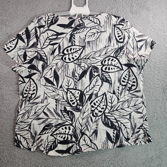 Tahari Top Blouse Women‎ Size 1X 100% Linen Short Sleeve Leaf Print White Black - Picture 6 of 11